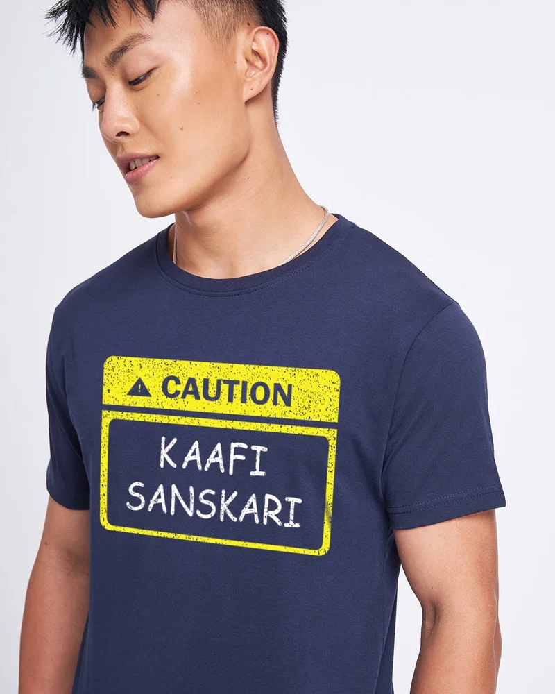 bewakoof Men's Navy Blue Kaafi Sanskari Typography T-shirt